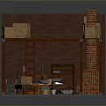 Rustic Dining Table In Storage Corner With Wooden Crates Ladder Brick Wall And Tools Setup 3d model