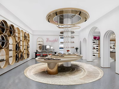 Luxury Modern Boutique Interior With Gold Chandelier Arched Doorways Round Display Table And Wine Racks 3d model