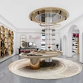 Luxury Modern Boutique Interior With Gold Chandelier Arched Doorways Round Display Table And Wine Racks