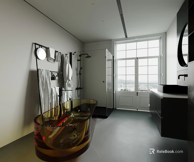 Modern Bathroom Interior With Amber Glass Bathtub Black Vanity Mirrors And Large Window 3d model 