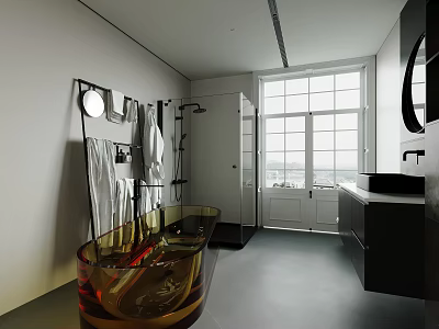 Modern Bathroom Interior With Amber Glass Bathtub Black Vanity Mirrors And Large Window 3d model
