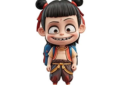 Animated Game Character With Double Buns Red Headband Traditional Outfit Blue Backpack And Playful Expression 3d model