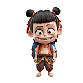 Animated Game Character With Double Buns Red Headband Traditional Outfit Blue Backpack And Playful Expression