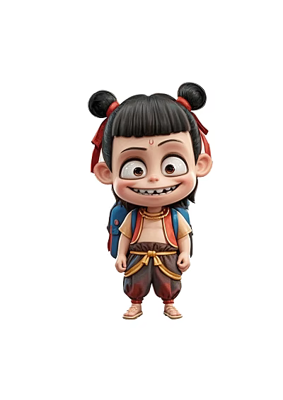 Animated Game Character With Double Buns Red Headband Traditional Outfit Blue Backpack And Playful Expression 3d model