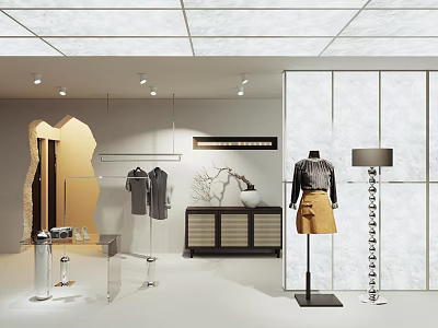 Modern Clothing Store Interior Design With Mannequin Skirt Hangers And Display Cabinet 3d model