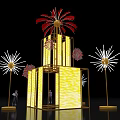 Art Installation With Yellow Illuminated Structure Red Pink Firework Decorations White Light Poles And People