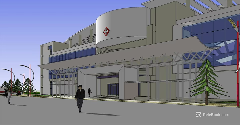 Modern Hospital Exterior Design With Glass Curtain Wall Red Cross Symbol And Entrance Canopy 3d model 