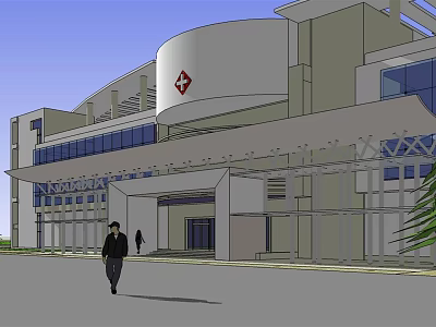 Modern Hospital Exterior Design With Glass Curtain Wall Red Cross Symbol And Entrance Canopy 3d model