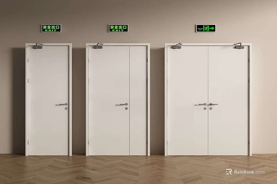 White Double Door Design For Interior Safety Exit With Handle And Closer 3d model 