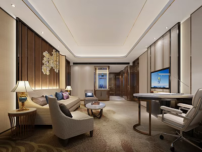 Elegant Modern Hotel Guest Room Interior Design With Sofa Coffee Table TV And Work Desk 3d model