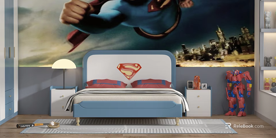 Kids Bed with Superman Logo Headboard Blue Frame and Cityscape Superman Mural 3d model 