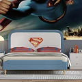 Kids Bed with Superman Logo Headboard Blue Frame and Cityscape Superman Mural
