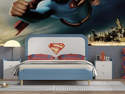 Kids Bed with Superman Logo Headboard Blue Frame and Cityscape Superman Mural 3d model