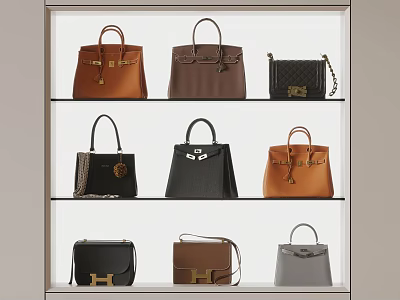 Luxury Handbags Collection Displayed On Glass Shelves With Various Colors And Classic Designs 3d model