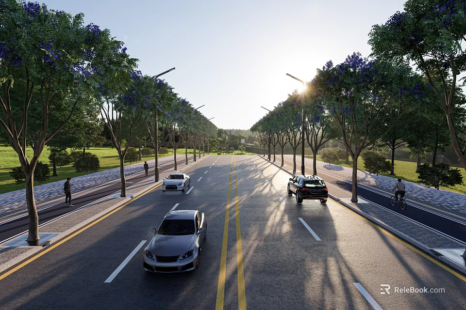 Road Facilities With Trees Purple Flowers Streetlights And Vehicles On Wide Road 3d model 