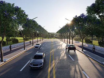 Road Facilities With Trees Purple Flowers Streetlights And Vehicles On Wide Road 3d model