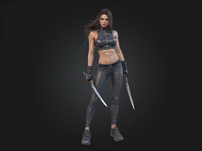 Female Warrior In Leather Outfit Holding Two Daggers Against Black Background 3d model