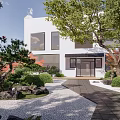Traditional Garden Landscape Design With Colorful Trees Pathway And Seating Area