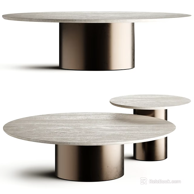 Elegant Round Marble Dining Table Set With Bronze Cylindrical Metal Base For Modern Home Decor 3d model 
