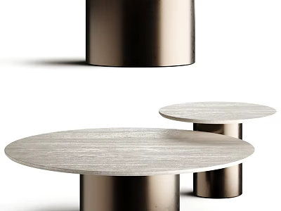 Elegant Round Marble Dining Table Set With Bronze Cylindrical Metal Base For Modern Home Decor 3d model