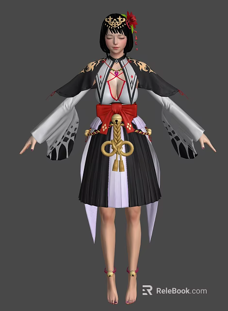 Woman In Traditional Black And White Outfit With Red Sash Golden Knots And Wide Sleeves 3d model 