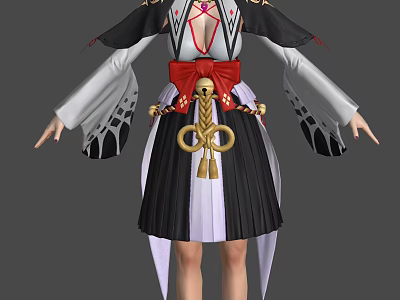 Woman In Traditional Black And White Outfit With Red Sash Golden Knots And Wide Sleeves 3d model