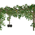 Wooden Pergola Covered With Green Vines And Yellow Flowers In Outdoor Garden