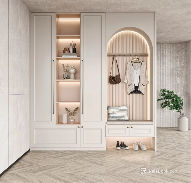 Modern White Shoe Cabinet With Storage Shelves Arched Accent Clothing Hanger And Bench 3d model 