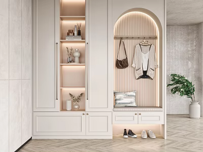 Modern White Shoe Cabinet With Storage Shelves Arched Accent Clothing Hanger And Bench 3d model