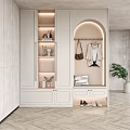 Modern White Shoe Cabinet With Storage Shelves Arched Accent Clothing Hanger And Bench