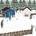 Snowy Zoo Scene With Penguin Huts Snowman Pine Trees And Fences