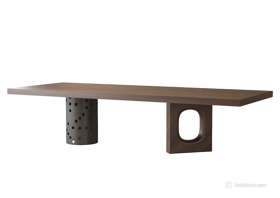Long Wooden Tea Table and Chairs with Perforated Metal Column and Wooden Circular Hollow Legs 3d model 