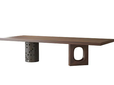 Long Wooden Tea Table and Chairs with Perforated Metal Column and Wooden Circular Hollow Legs 3d model