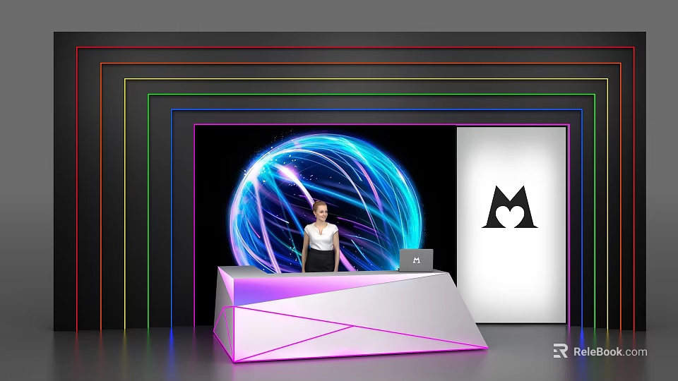 Modern Reception Desk With Neon Lighting Illuminated Globe Display Female Staff Member Backdrop Brand Logo 3d model 