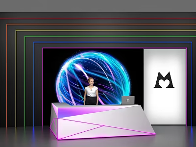 Modern Reception Desk With Neon Lighting Illuminated Globe Display Female Staff Member Backdrop Brand Logo 3d model