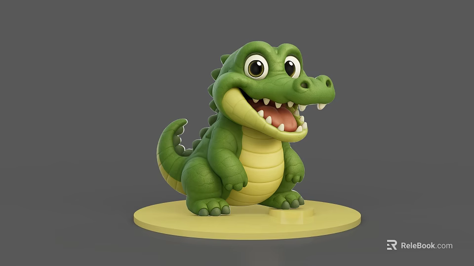 Adorable Green Cartoon Crocodile 3D Model Standing On Yellow Base With Open Mouth 3d model 