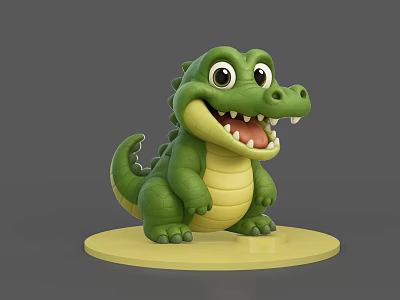Adorable Green Cartoon Crocodile 3D Model Standing On Yellow Base With Open Mouth 3d model