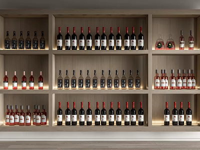 Modern Wooden Wine Cabinet With Multiple Shelves Illuminated Lighting And Various Wine Bottles 3d model