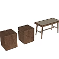 Modern Wooden Cube Stools With Cross Design And Matching Walnut Wood Side Table