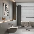 Modern Luxury Gray Bathroom With Bathtub Double Vanity Large Mirror Blinds And Wall Mounted Toilet