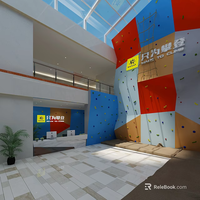 Indoor Climbing Gym with Colorful Wall Reception Desk Tile Floor and Plant 3d model 