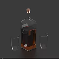 Transparent Glass Bottle And Cups With Amber Liquid And Wooden Cap On Blue Background