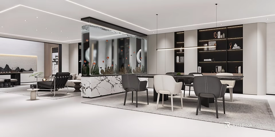 Modern Luxury Basement Interior Design With Stylish Furniture And Marble Decor 3d model 