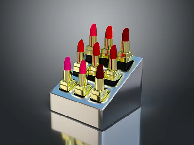 Woman's Lipstick Display With Red Pink Colors On Metal Stand Gold Base 3d model