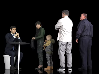 Diverse Group of People With Different Outfits Standing and Sitting on Black Background 3d model