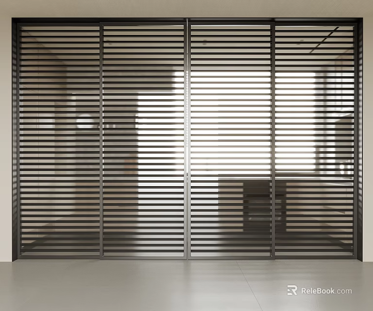 Modern Indoor Sliding Doors With Vertical Metallic Slats And Bright Light Penetration 3d model 