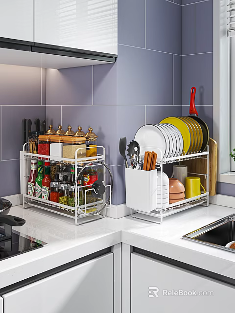Organized Kitchen Tableware Set With White Metal Racks Plates Bowls Spice Bottles And Cooking Utensils 3d model 