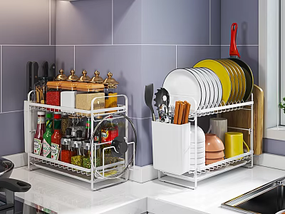 Organized Kitchen Tableware Set With White Metal Racks Plates Bowls Spice Bottles And Cooking Utensils 3d model