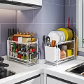 Organized Kitchen Tableware Set With White Metal Racks Plates Bowls Spice Bottles And Cooking Utensils