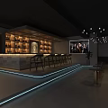 Modern Open Bar With Large Windows Night View Bar Counter Bench Seats And Lighting